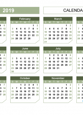 2019 12 Month Calendar Template Large Print Calendar PDF, Image