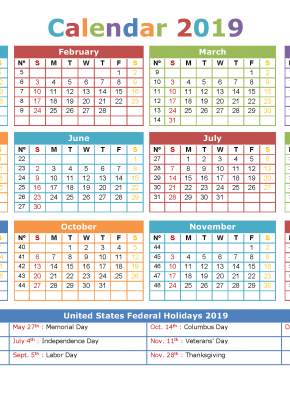 2019 Yearly Calendar with Holidays Printable US Edition