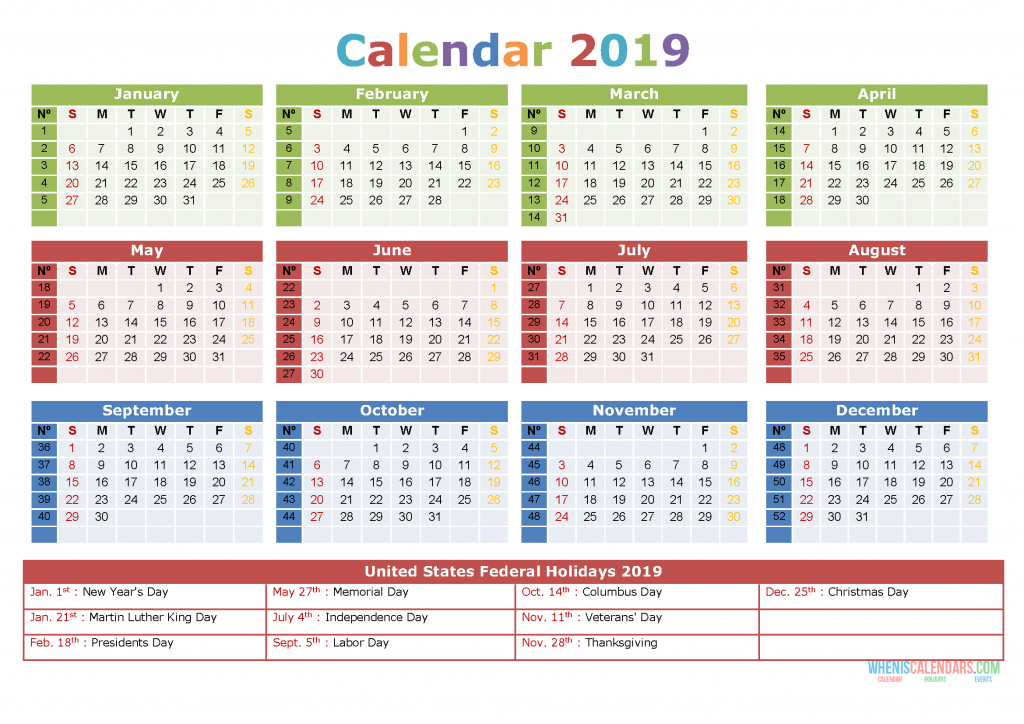 Printable Yearly Calendar 2019 with Holidays, US Edition