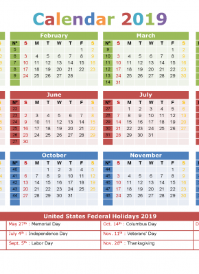 2019 Yearly Calendar with Holidays Printable 