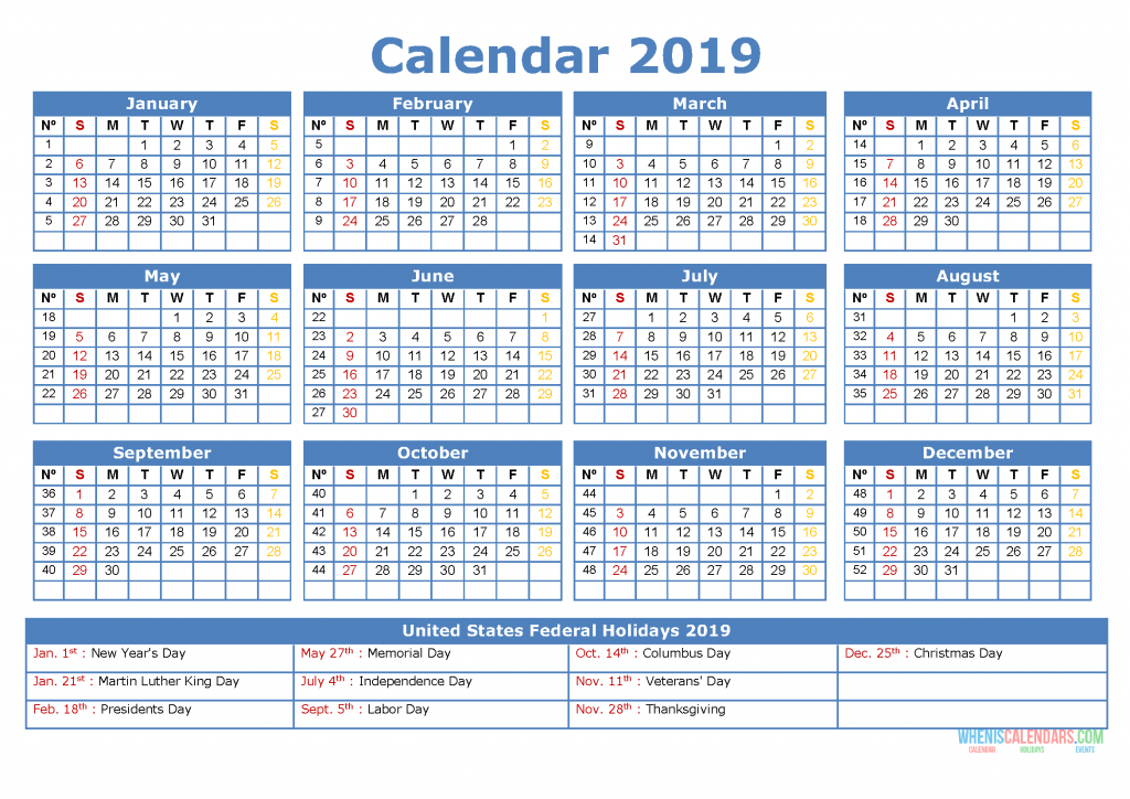 Printable Yearly Calendar 2019 with US Holidays