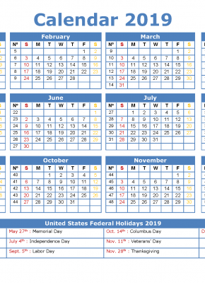 2019 Yearly Calendar with Holidays Printable 