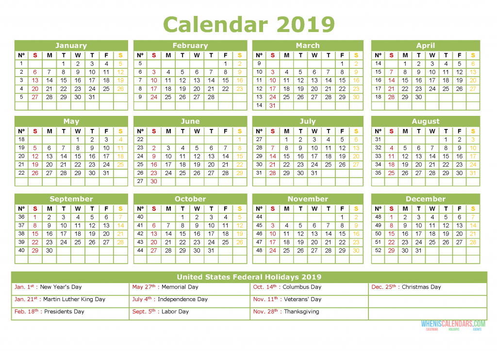 2019 Printable Yearly Calendar with Holidays, US Edition