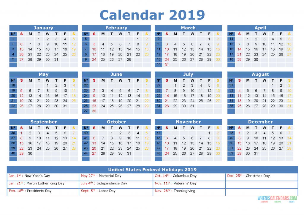 Printable Yearly Calendar 2019 with Holidays, US Edition