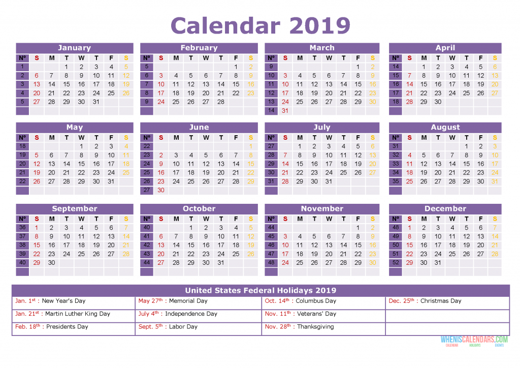 2019 Printable Yearly Calendar with Holidays, US Edition