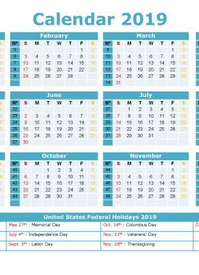2019 Yearly Calendar with Holidays Printable