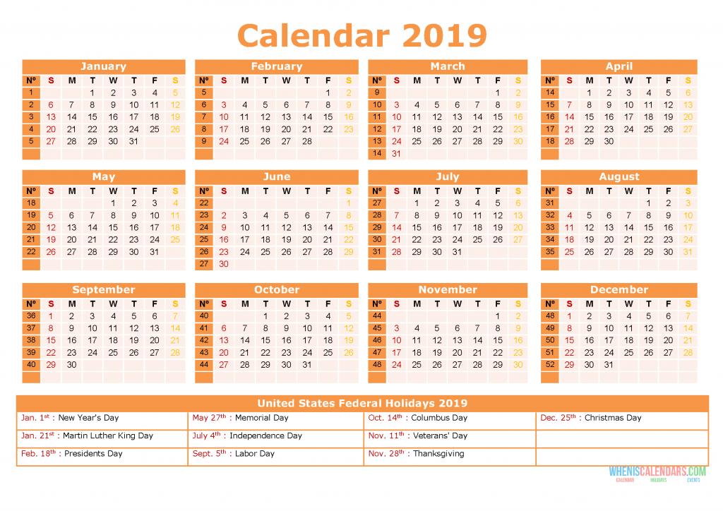 2019 Yearly Calendar With Us Holidays