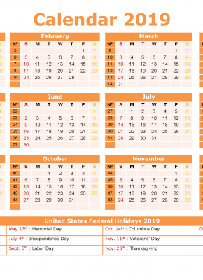 2019 Yearly Calendar with Holidays Printable US Edition