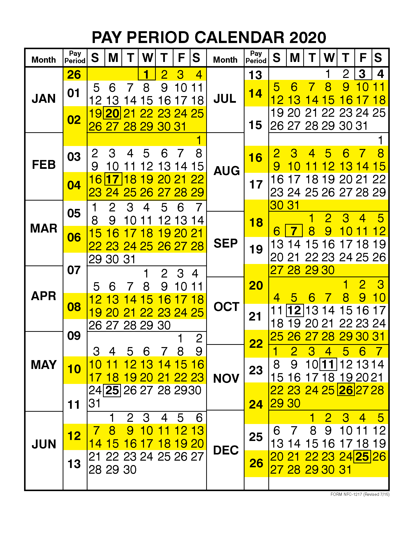 Pay Period Calendar 2020 By Calendar Year