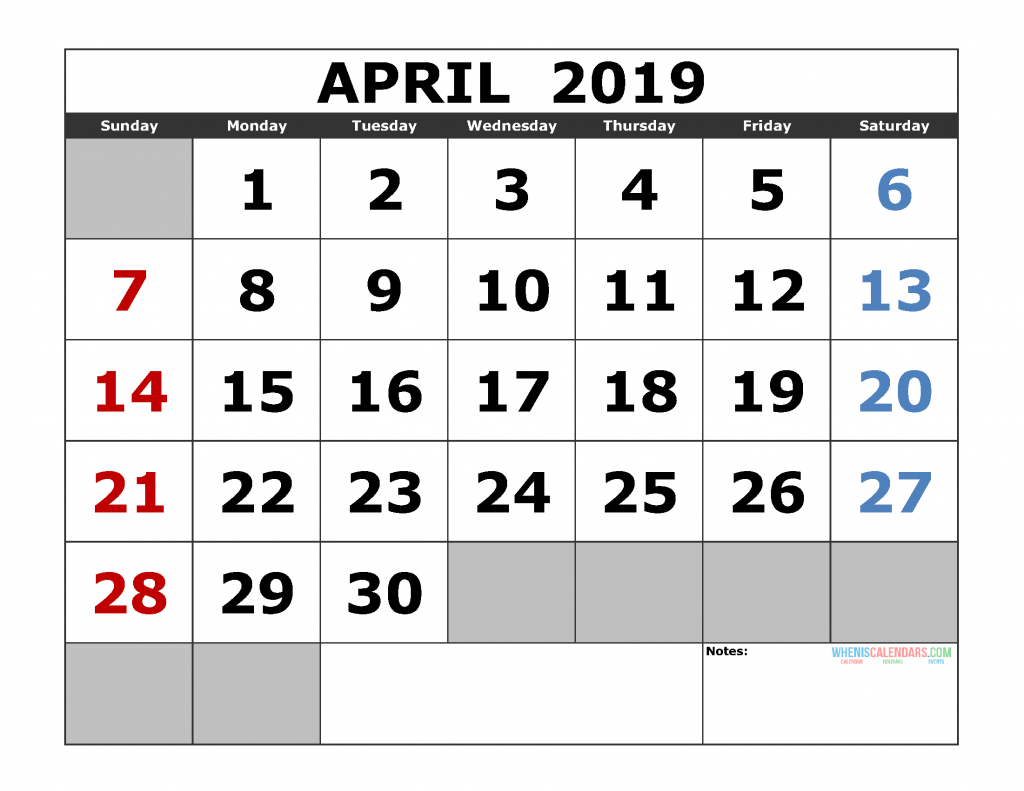 Free April 2019 Printable Calendar Template US. Edition (the first of the week as Sunday)