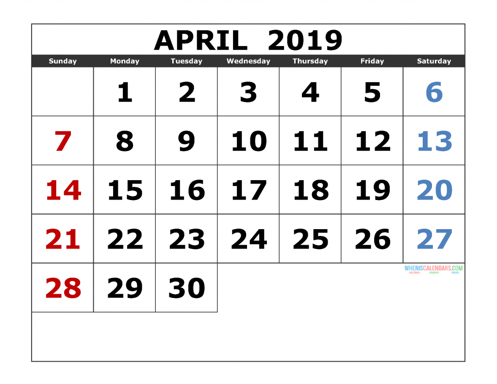 April 2019 Printable Calendar Templates 2019 Monthly Calendar 