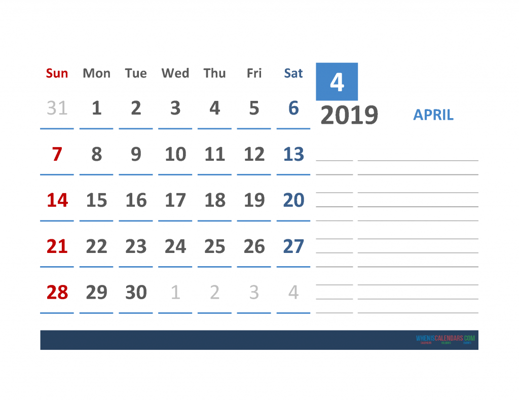 Free April 2019 Calendar Template With Space for Notes