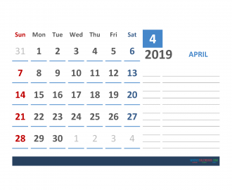 Free april 2019 Calendar Template With Space for Notes