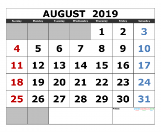 Free August 2019 Printable Calendar Template US. Edition (the first of the week as Sunday)