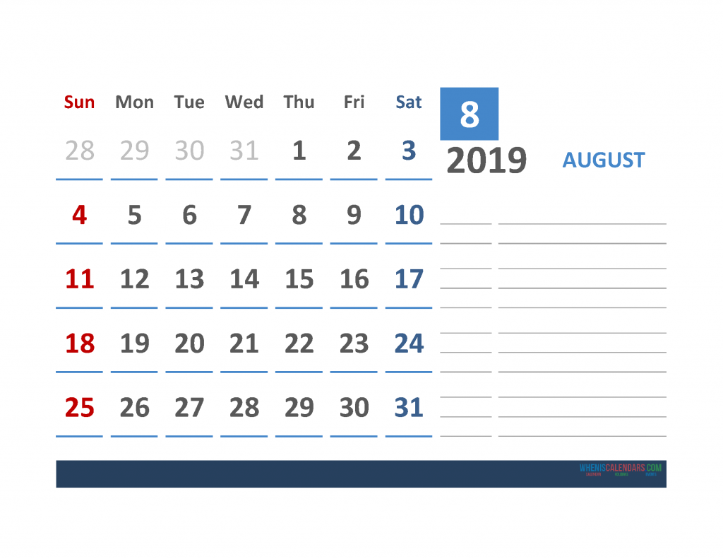 Free August 2019 Calendar Template With Space for Notes