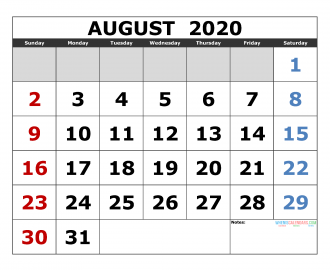 August 2020 Printable Calendar Templates 2020 Monthly Calendar