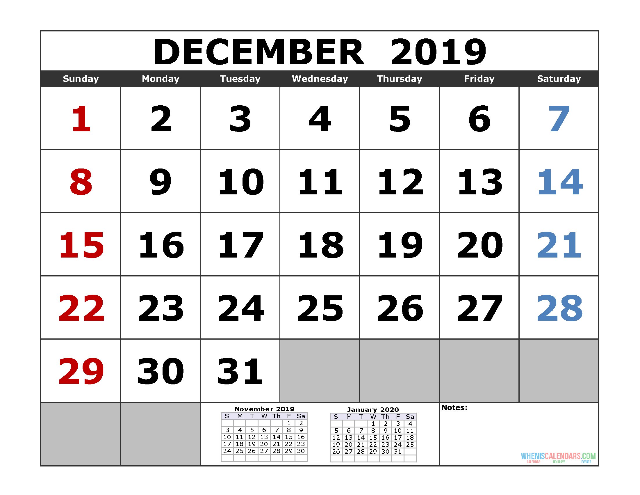 Large Print Free Calendar Template 2020