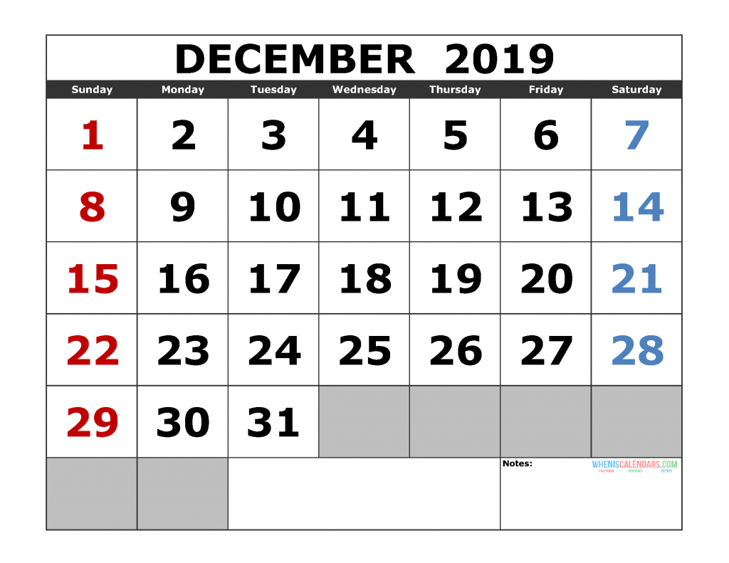 Free December 2019 Printable Calendar Template US. Edition (the first of the week as Sunday)