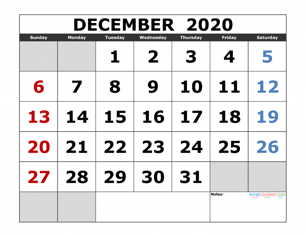 December 2020 Printable Calendar Template Excel PDF Image US Edition 