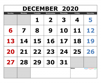 December 2020 Printable Calendar Templates 2020 Monthly Calendar