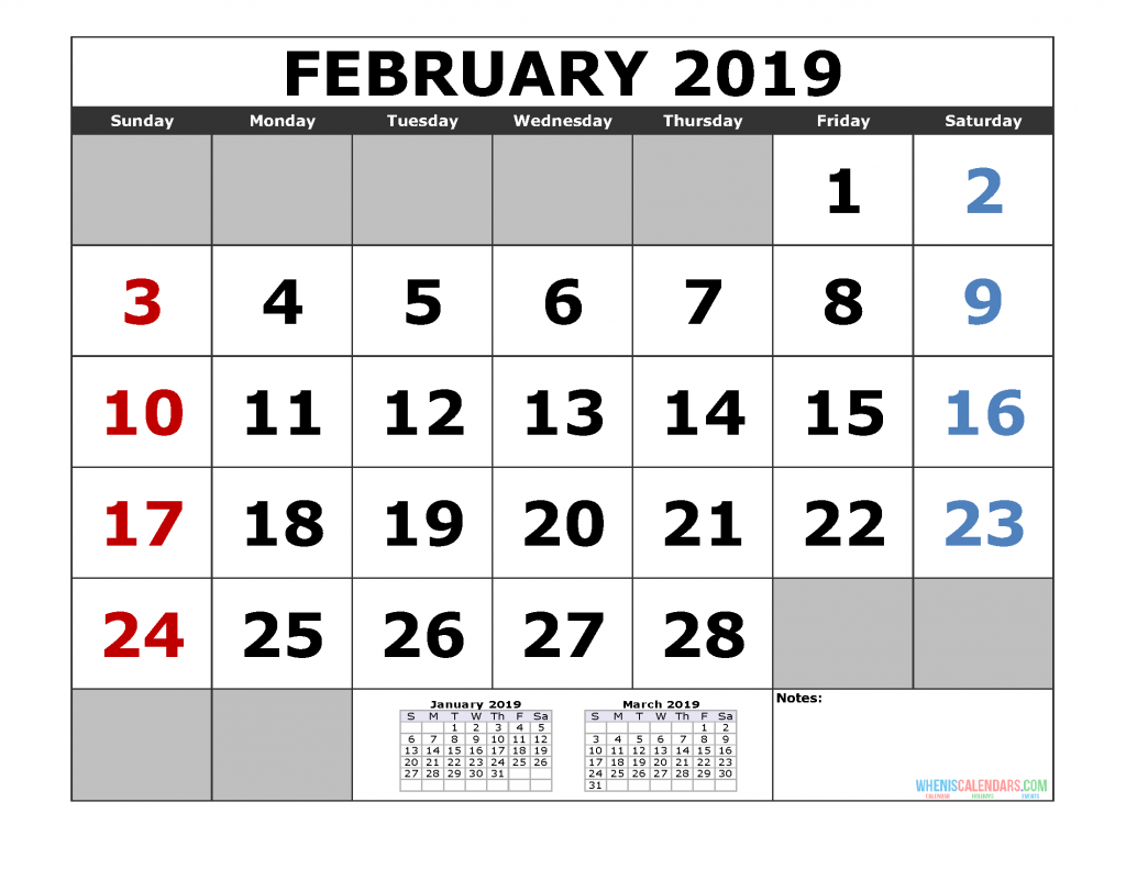 February 2019 Printable Calendar Template (January February March 2019 3 Month Calendar Template)