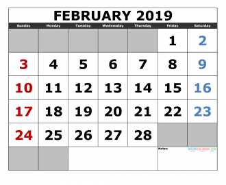Free February 2019 Printable Calendar Template US. Edition (the first of the week as Sunday)