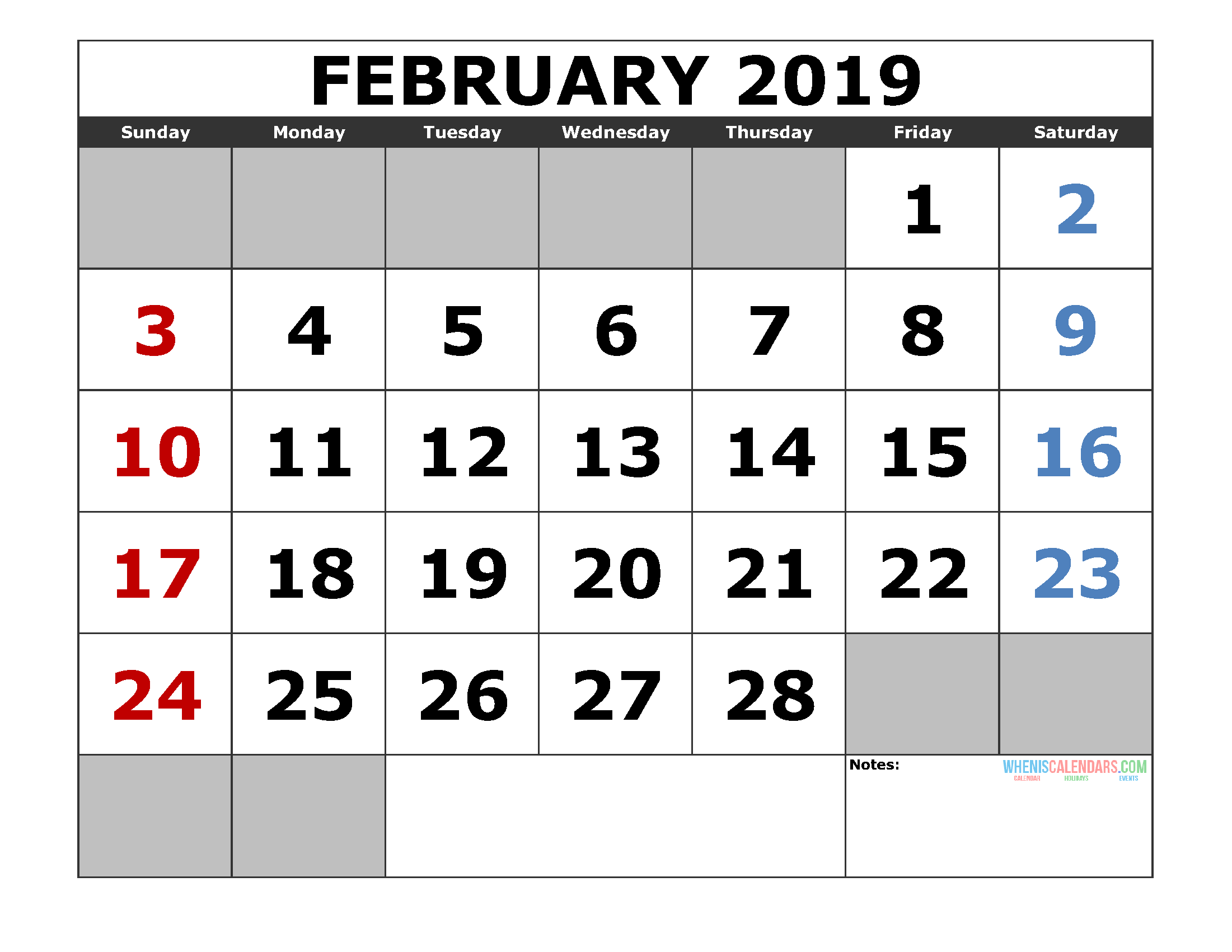 Blank Calendar February 2019 Excel