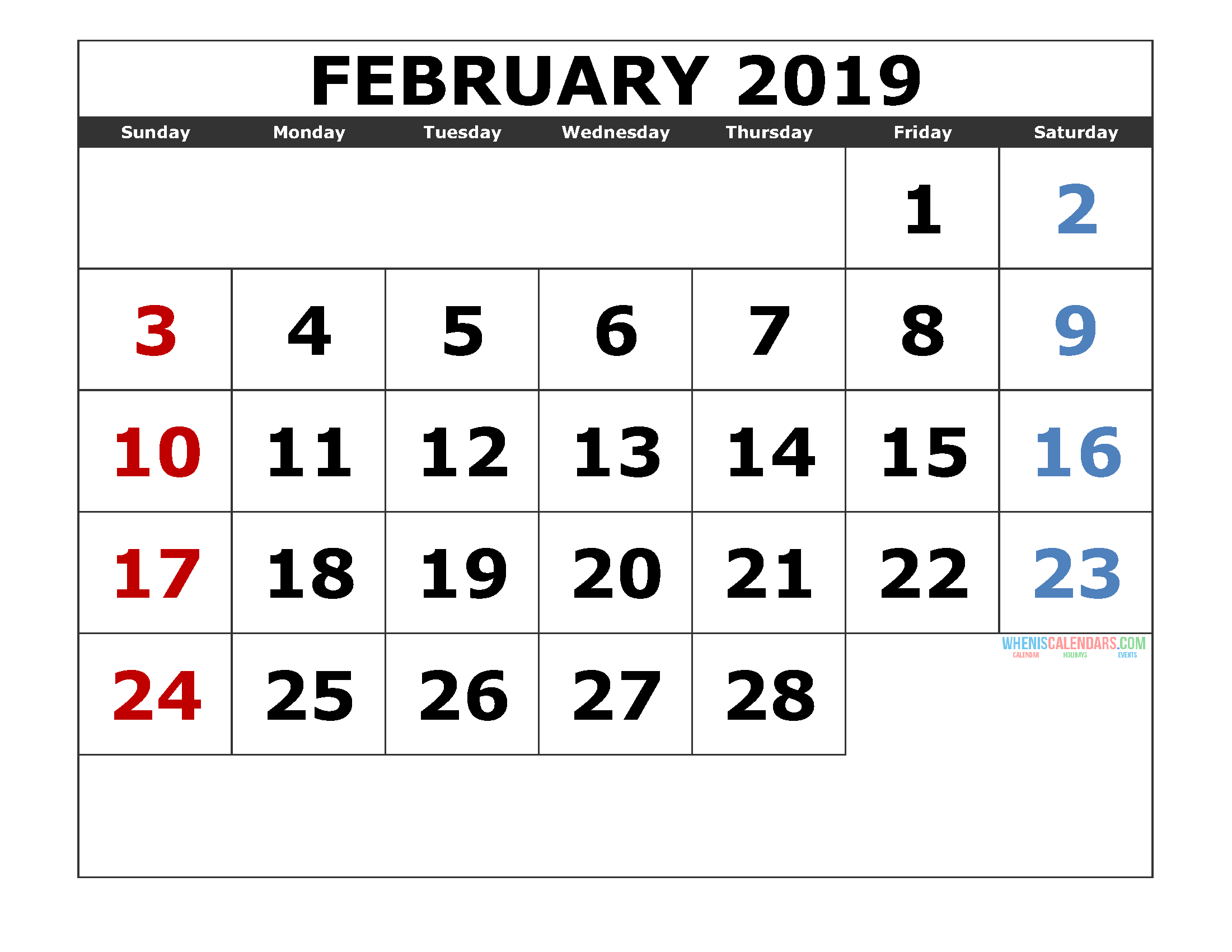 February 2019 Printable Calendar Templates 2019 Monthly Calendar 