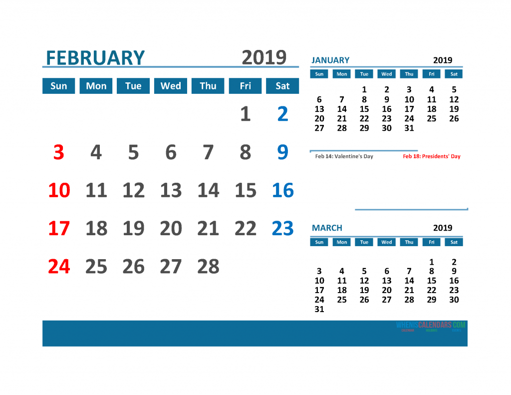 Printable 3 Month Calendar 2019 with Holidays [January, February, March 2019 Calendar]