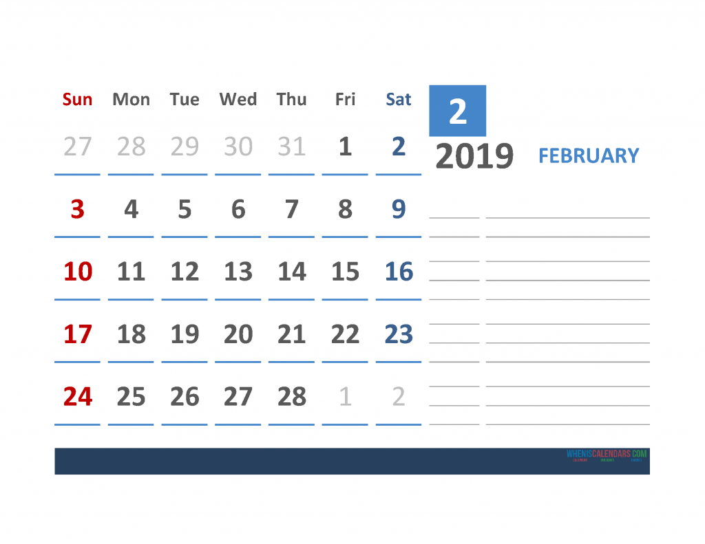 Free February 2019 Calendar Template With Space for Notes