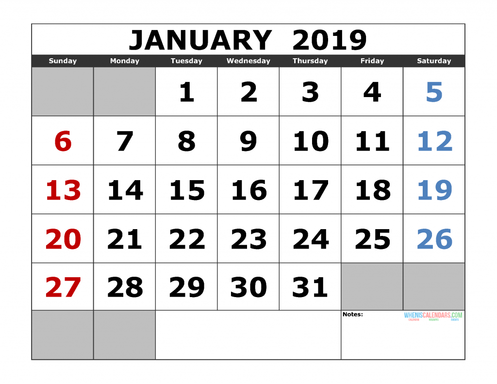 Free January 2019 Printable Calendar Template US. Edition (the first of the week as Sunday)
