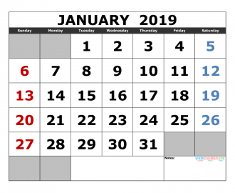 Free January 2019 Printable Calendar Template US. Edition (the first of the week as Sunday)