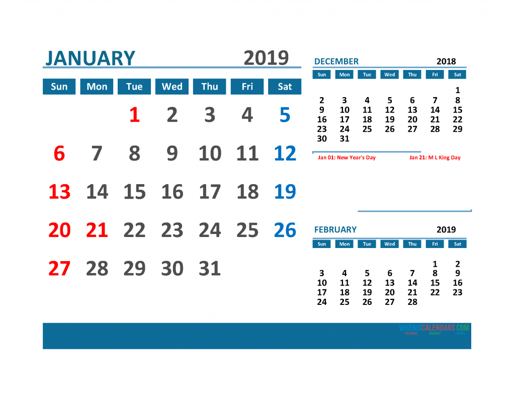 Printable 3 Month Calendar 2019 with Holidays [December 2018, January 2019 and February 2019 Calendar]