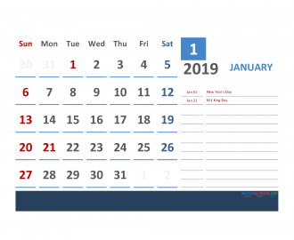 Printable Calendar January 2019 with Holidays 1 Month on 1 Page. 3 Month Calendar December 2018, January, February 2019