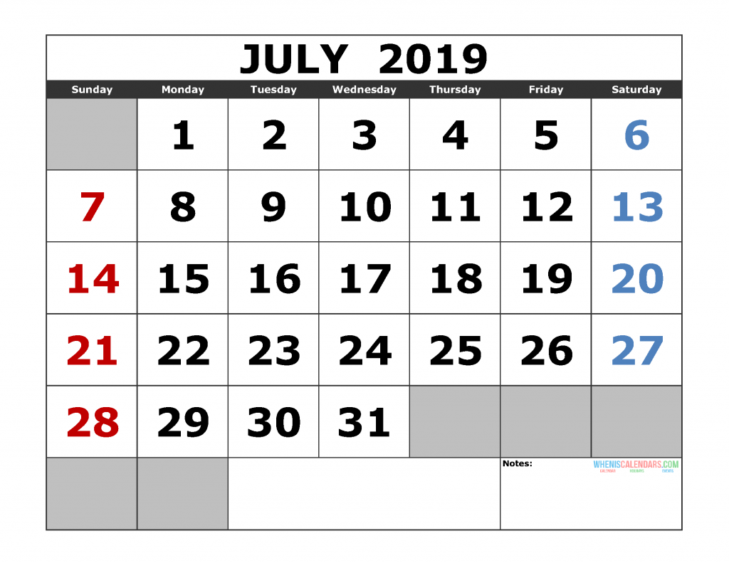 Free July 2019 Printable Calendar Template US. Edition (the first of the week as Sunday)