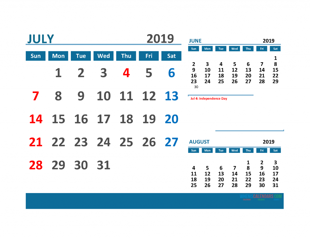 Printable 3 Month Calendar 2019 with Holidays [ June, July, August 2019 Calendar]