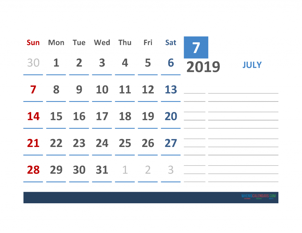 Free July 2019 Calendar Template With Space for Notes