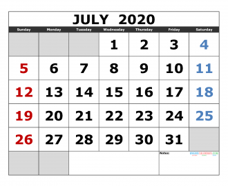 July 2020 Printable Calendar Templates 2020 Monthly Calendar