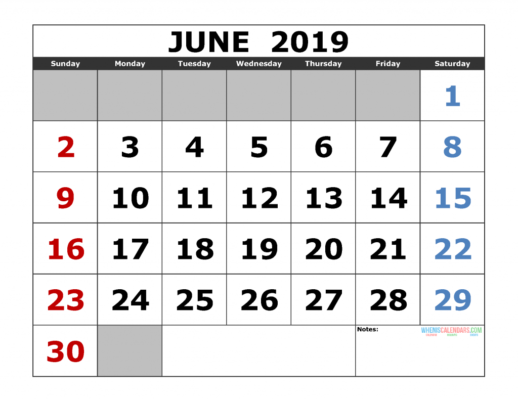 Free June 2019 Printable Calendar Template US. Edition (the first of the week as Sunday)