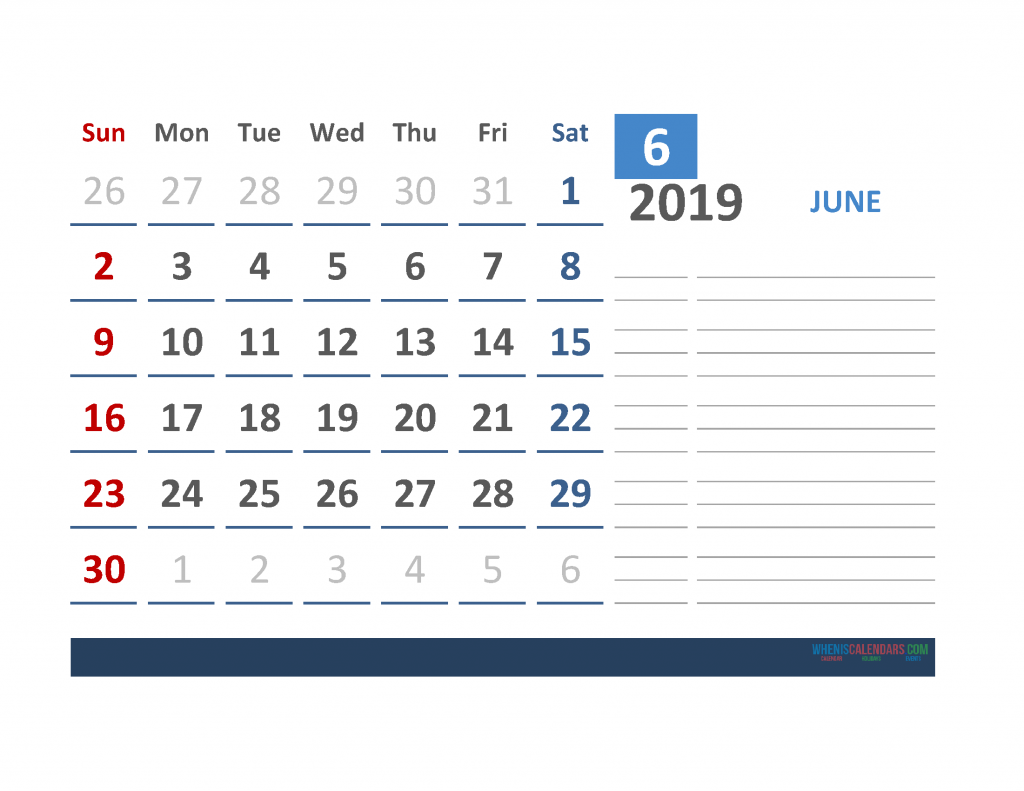 Free June 2019 Calendar Template With Space for Notes