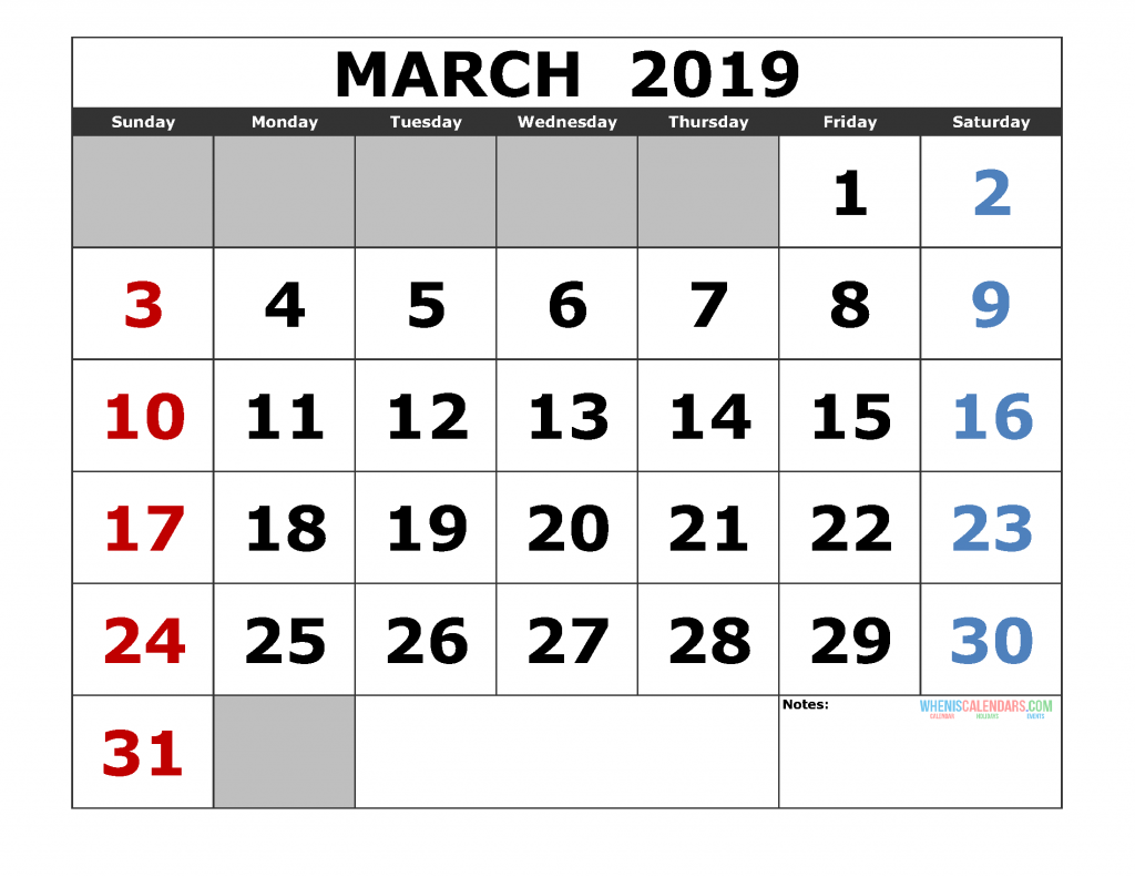 Free March 2019 Printable Calendar Template US. Edition (the first of the week as Sunday)