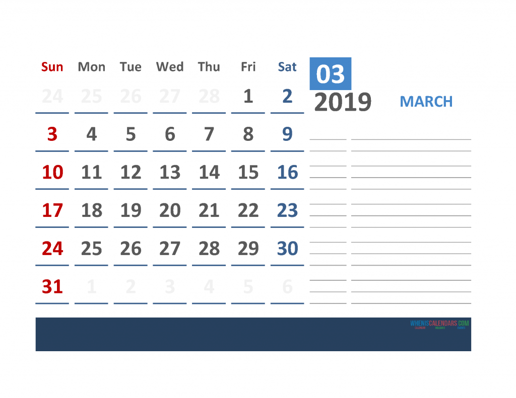 March 2019 Calendar with Holidays Printabe Monthly Calendar PDF, PNG