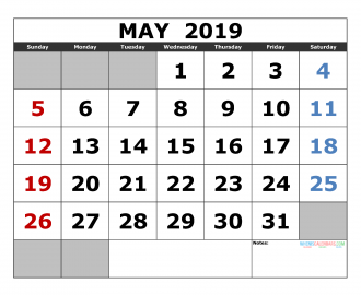 Free May 2019 Printable Calendar Template US. Edition (the first of the week as Sunday)