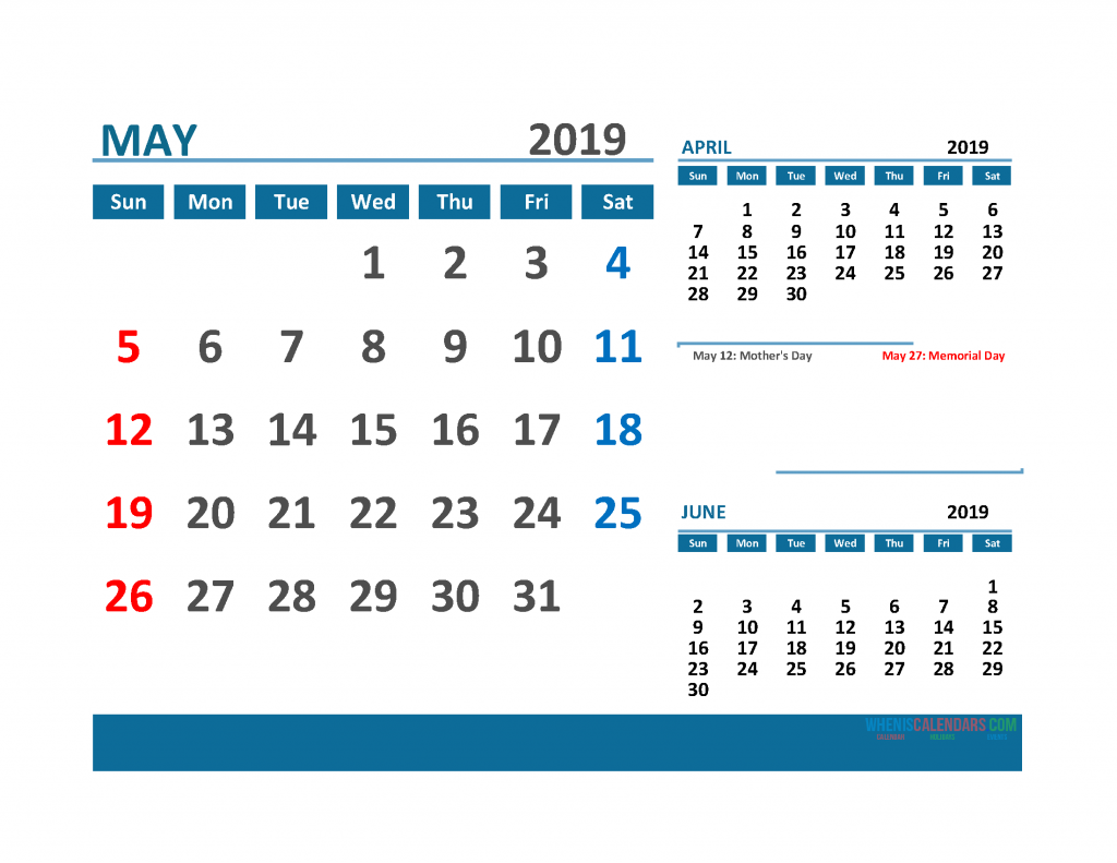 Printable 3 Month Calendar 2019 with Holidays [ April, May, June 2019 Calendar]