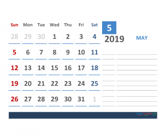 Free may 2019 Calendar Template With Space for Notes