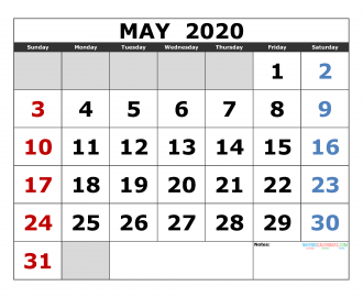 May 2020 Printable Calendar Templates 2020 Monthly Calendar