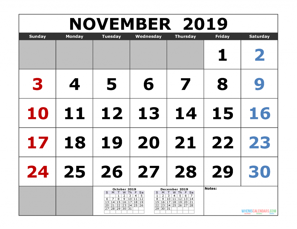 November 2019 Printable Calendar Template (October November December 2019 3 Month Calendar Template)