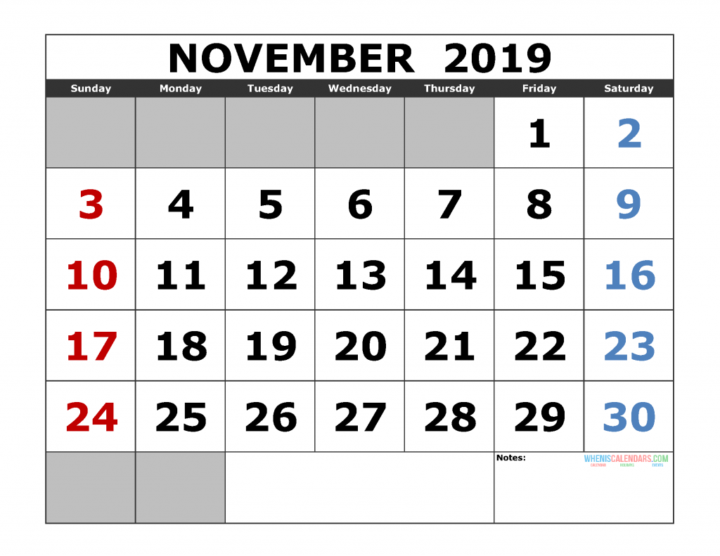 Free November 2019 Printable Calendar Template US. Edition (the first of the week as Sunday)