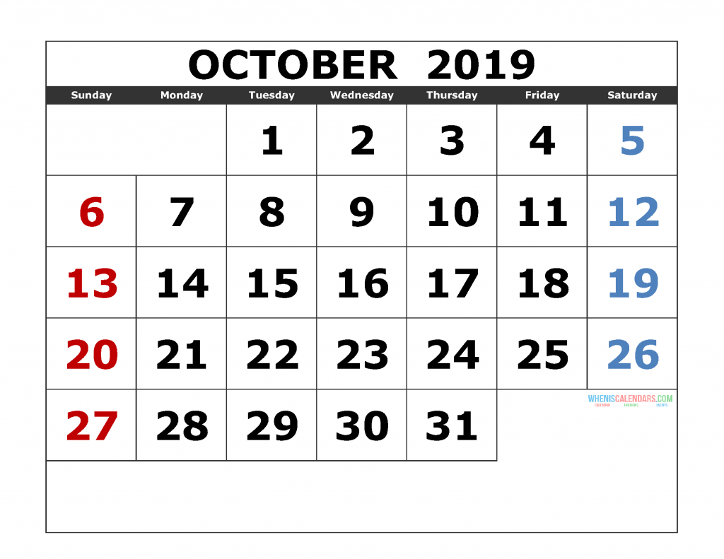 October 2019 Printable Calendar Templates 2019 Monthly Calendar 