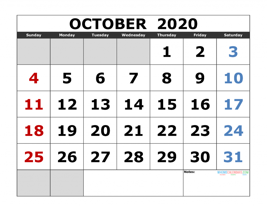 October 2020 Printable Calendar Templates 2020 Monthly Calendar